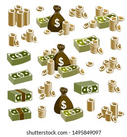 Cash money set still-life with moneybag bag coins and banknote dollar stack, classic style vector illustration collection.