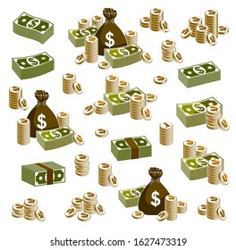 Cash money set still-life with moneybag bag coins and banknote dollar stack, classic style vector illustration collection.