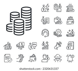 Signo de dinero en efectivo. Iconos en el esquema de dinero en efectivo, préstamos e hipotecas. Icono de línea de monedas. Símbolo de ingresos de negocios. Señal de línea de monedas. Tarjeta de crédito, icono de cartera cripto. Inflación, salario laboral. Vector