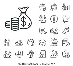 Signo de dinero en efectivo. Iconos en el esquema de dinero en efectivo, préstamos e hipotecas. Icono de la línea de la bolsa de monedas. Símbolo de ahorro de ingresos. Señal de la línea de la bolsa de monedas. Tarjeta de crédito, icono de cartera cripto. Inflación, salario laboral. Vector