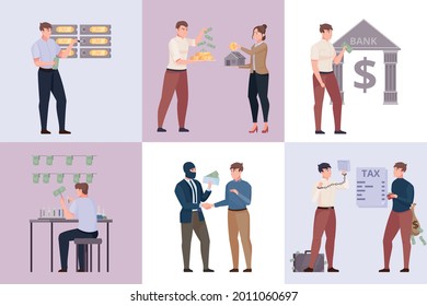 Cash money six square compositions with people giving bribe laundering banknotes hiding money at home flat vector illustration