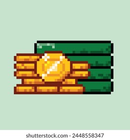 Monedas de pila de dinero en efectivo en ilustración de estilo de Vector de arte de píxeles