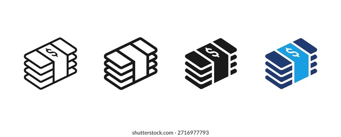 Icono de pila de dinero en efectivo que muestra los billetes agrupados. Concepto de moneda, riqueza, ingresos, salarios, ahorros y recursos financieros. Símbolo de Vector plano simple para finanzas y diseño bancario.