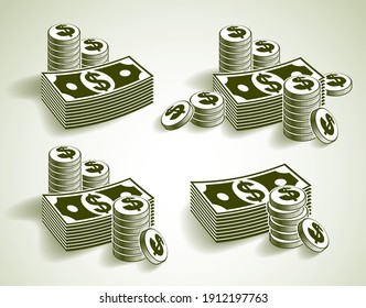 Cash money still-life with coins and banknote dollar stack, classic style vector illustration set.