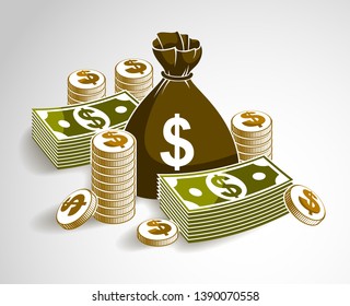 Cash money still-life with moneybag bag coins and banknote dollar stack, classic style vector illustration.