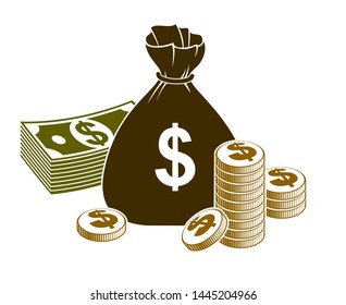 Cash money still-life with moneybag bag coins and banknote dollar stack, classic style vector illustration.