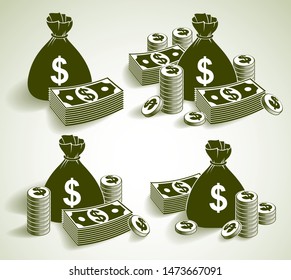 Cash money still-life with moneybag bag coins and banknote dollar stack, classic style vector illustration set.