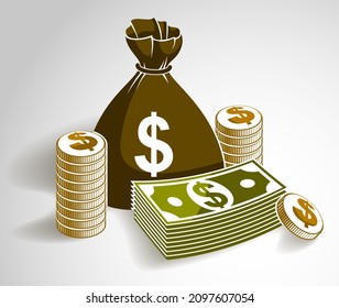 Cash money still-life with moneybag bag coins and banknote dollar stack, classic style vector illustration.