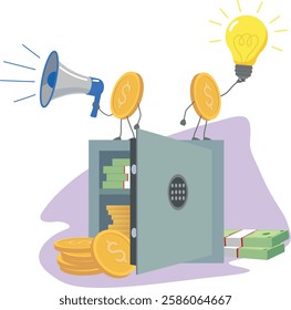 Cash money stored in safe. Vector illustration concept of wealth and prosperity. Financial prosperity
