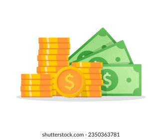 Cash money symbol with Dollar sign. Stake of gold coins and banknote   isometric view illustration. Cash, payment and financial element.