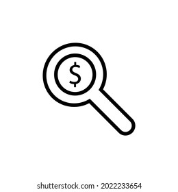 cash money under a magnifying glass icon, dollar bank bill, check currency for authenticity, counterfeit money, thin line web symbol on white background - editable stroke vector illustration eps10.