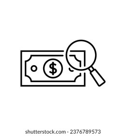 dinero en efectivo bajo un icono de cristal de aumento, billete de banco en dólares, comprobación de la autenticidad, falsificación de dinero, símbolo web de línea delgada sobre fondo blanco - ilustración vectorial de trazo editable eps10