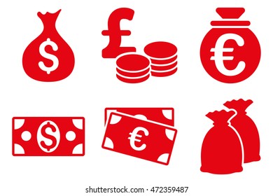 Cash Money vector icons. Pictogram style is red flat icons with rounded angles on a white background.