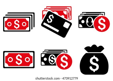 Cash Money vector icons. Pictogram style is bicolor intensive red and black flat icons with rounded angles on a white background.