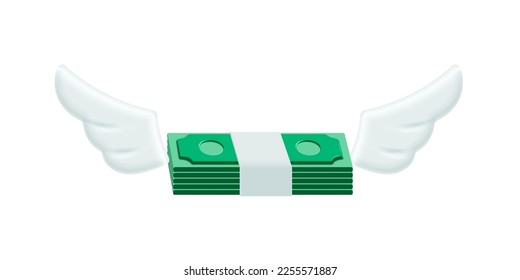 Cash money with white wings of bird to fly vector illustration. 3D paper bank bills flying, dollars stack fly for online payment or investment, waste of currency, income or loss of budget or salary