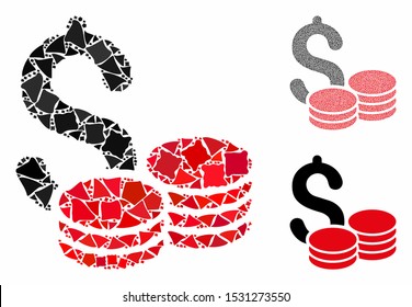 Cash mosaic of abrupt pieces in variable sizes and color tints, based on cash icon. Vector inequal pieces are grouped into mosaic. Cash icons collage with dotted pattern.