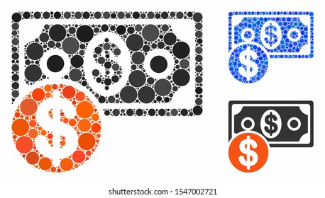 Cash mosaic of circle elements in different sizes and color hues, based on cash icon. Vector round elements are composed into blue composition. Dotted cash icon in usual and blue versions.