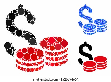 Cash mosaic for cash icon of circle elements in different sizes and shades. Vector circle elements are organized into blue collage. Dotted cash icon in usual and blue versions.