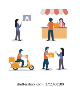 cash on delivery activity, online shop set, people are ordering, prepare goods, deliver goods by motorcycle, receive orders, flat illustration