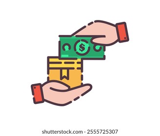 Cash on Delivery COD icon illustration. Flat line color icon of a financial transaction. One hand gives money and a package to another. Symbolizing secure delivery and the e-commerce industry. Colored