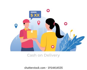 Cash on Delivery or COD service, payment by cash vector flat illustration