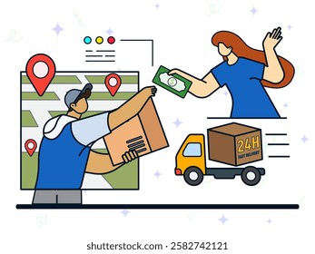 Cash on delivery concept. COD services, collect on demand, sale goods by mail order, full payment in cash, return to retailer, post office delivery, cargo package, fast delivery. 