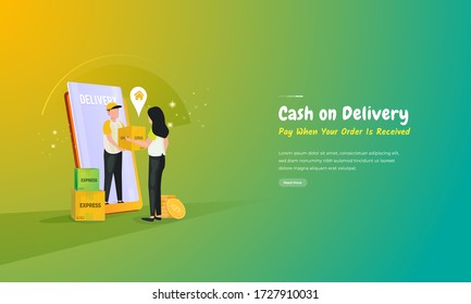 Cash on delivery illustration, Pay with cash after package order is delivered or received