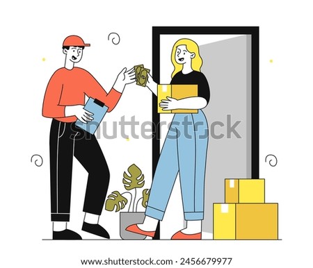 Cash on delivery linear. Courier give parcel to client, owner give banknote and money. Marketing and online shopping, electronic commerce. Doodle flat vector illustration isolated on white background
