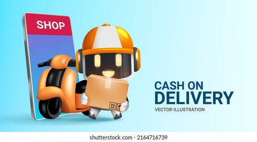 Diseño de vectores de compra de efectivo en entrega. Texto de entrega en efectivo con carácter de entrega de robots, elementos de teléfono y motocicleta para pedido de bacalao y piloto de compras. Ilustración vectorial.
