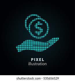 Cash on hand - pixel icon. Vector Illustration. Design logo element. Isolated on black background. It is easy to change to any color.