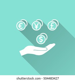 Cash on hand vector icon with long shadow. White illustration isolated on green background for graphic and web design.