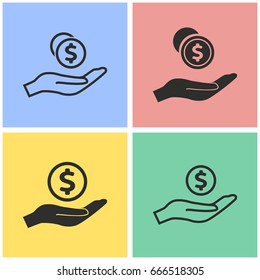 Cash on hand vector icon with long shadow. Black illustration isolated on color background for graphic and web design.