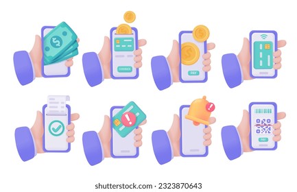 Cash on mobile phones. concept of spending money online 3d vector illustration