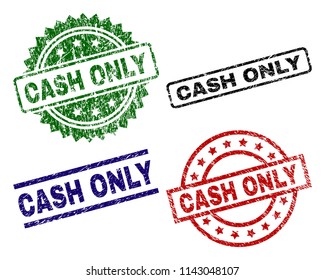 CASH ONLY seal prints with corroded surface. Black, green,red,blue vector rubber prints of CASH ONLY title with dust surface. Rubber seals with round, rectangle, rosette shapes.