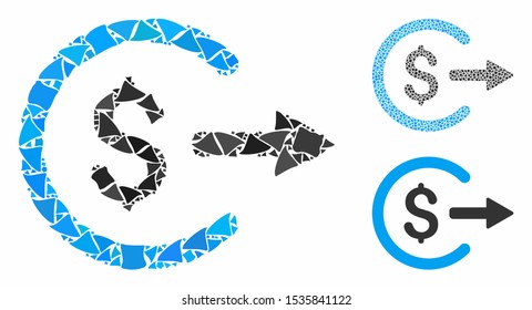 Cash out composition of abrupt parts in different sizes and color tones, based on cash out icon. Vector unequal elements are grouped into collage. Cash out icons collage with dotted pattern.