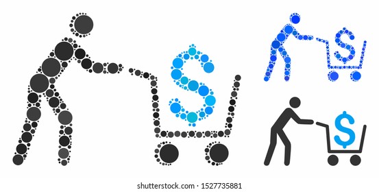 Cash out composition of filled circles in different sizes and color tones, based on cash out icon. Vector filled circles are grouped into blue composition.