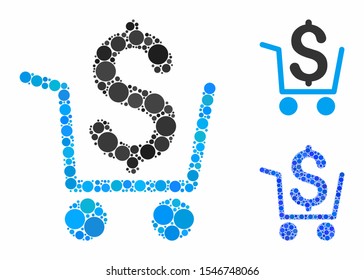 Cash out composition of round dots in various sizes and color hues, based on cash out icon. Vector dots are grouped into blue illustration. Dotted cash out icon in usual and blue versions.