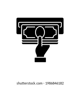 Cash out option black glyph icon. Making profit from bet. Receiving payment. Getting money back. Bet winning. Potential winnings. Silhouette symbol on white space. Vector isolated illustration