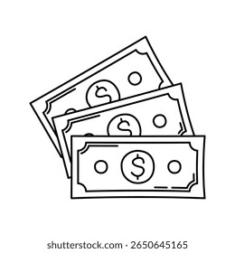 Cash Outline Doodle, Stapel von Papiergeld mit Dollarzeichen, stellt Einkommen oder Gehalt dar, ideal für Bank- oder Gehaltsabrechnungen.