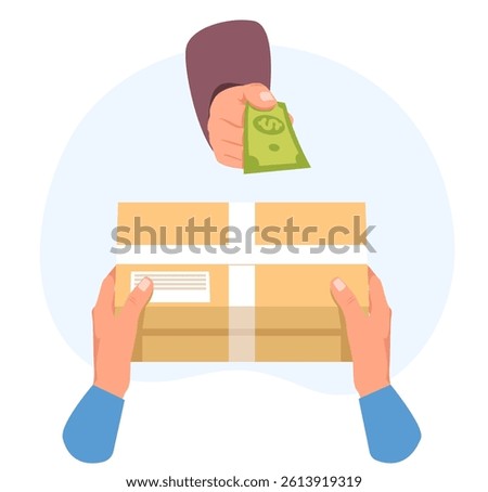 Cash payment for express parcel delivery. Courier arms give cardboard post boxes to client. Cargo logistic. Mailman paying for shipment. Money banknotes. Postal order