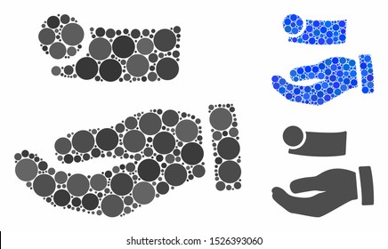 Cash payment hand composition for cash payment hand icon of small circles in variable sizes and color hues. Vector filled circles are grouped into blue mosaic.