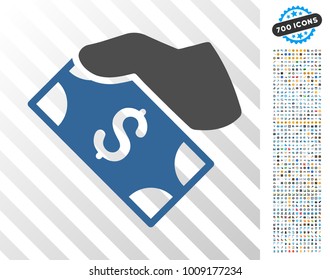Cash Payment Hand icon with 700 bonus bitcoin mining and blockchain icons. Vector illustration style is flat iconic symbols designed for bitcoin software.