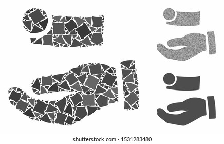Cash payment hand mosaic of humpy pieces in variable sizes and color tints, based on cash payment hand icon. Vector rugged pieces are grouped into collage.