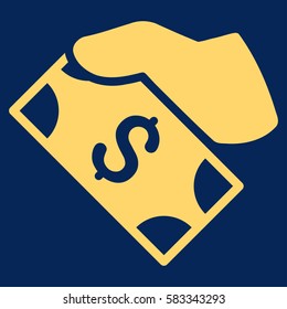 Cash Payment Hand vector icon. Illustration style is a flat iconic yellow symbol on blue background.