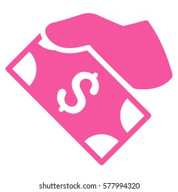 Cash Payment Hand vector pictogram. Illustration style is a flat iconic pink symbol on white background.