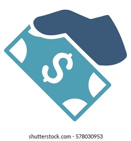 Cash Payment Hand vector pictogram. Illustration style is a flat iconic bicolor cyan and blue symbol on white background.