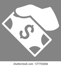 Cash Payment Hand vector pictograph. Illustration style is a flat iconic white symbol on gray background.