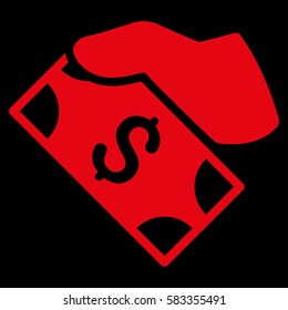 Cash Payment Hand vector pictograph. Illustration style is a flat iconic red symbol on black background.