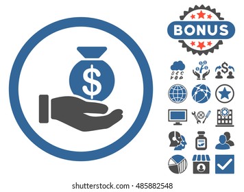 Cash Payment icon with bonus pictures. Vector illustration style is flat iconic bicolor symbols, cobalt and gray colors, white background.