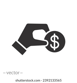 cash payment icon, hand with coin, pay or donation concept, give money,  flat symbol - vector illustration